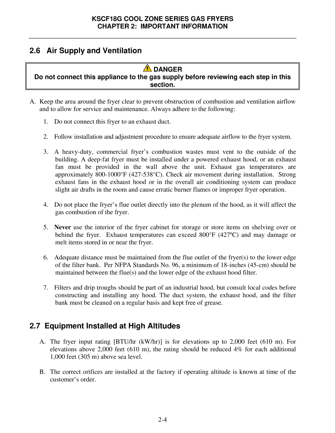Frymaster KSCF18G manual Air Supply and Ventilation, Equipment Installed at High Altitudes 