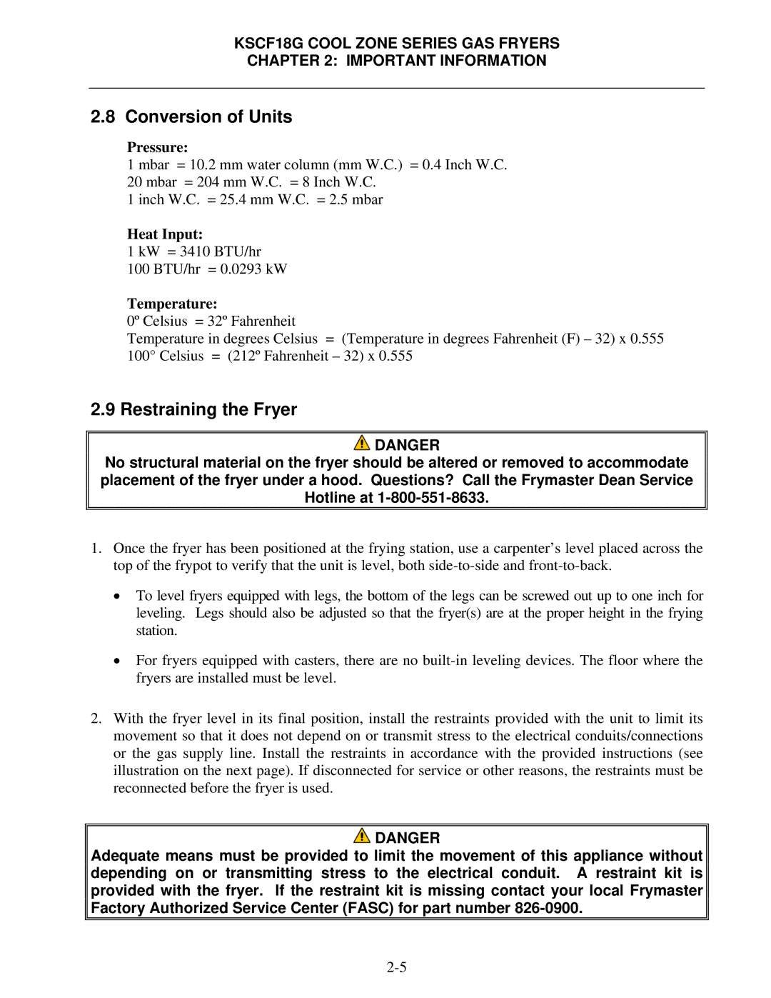 Frymaster KSCF18G manual Conversion of Units, Restraining the Fryer, Pressure, Heat Input, Temperature 