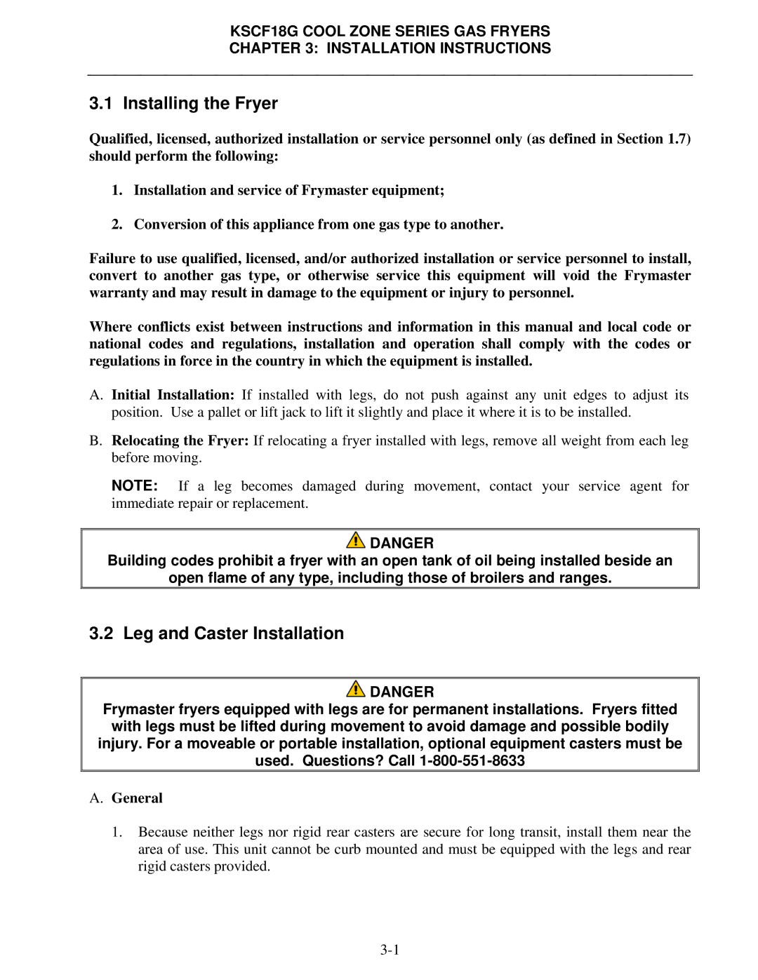 Frymaster KSCF18G manual Installing the Fryer, Leg and Caster Installation, General 