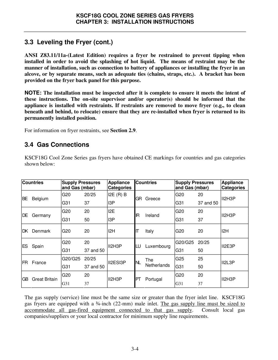 Frymaster KSCF18G manual Gas Connections, Countries Supply Pressures Appliance Gas mbar Categories 