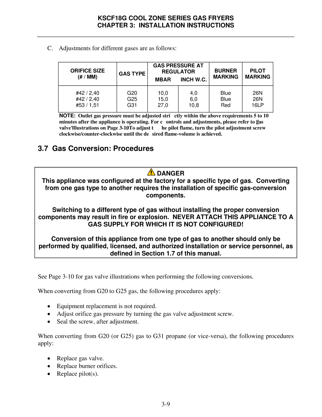 Frymaster KSCF18G manual Gas Conversion Procedures, Adjustments for different gases are as follows 