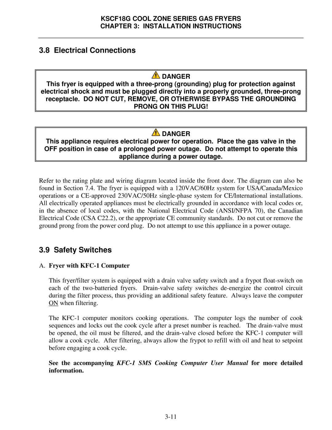 Frymaster KSCF18G manual Electrical Connections, Safety Switches, Fryer with KFC-1 Computer 