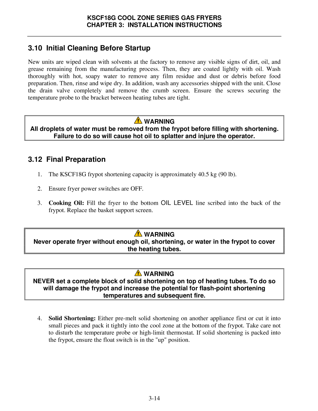 Frymaster KSCF18G manual Initial Cleaning Before Startup, Final Preparation 
