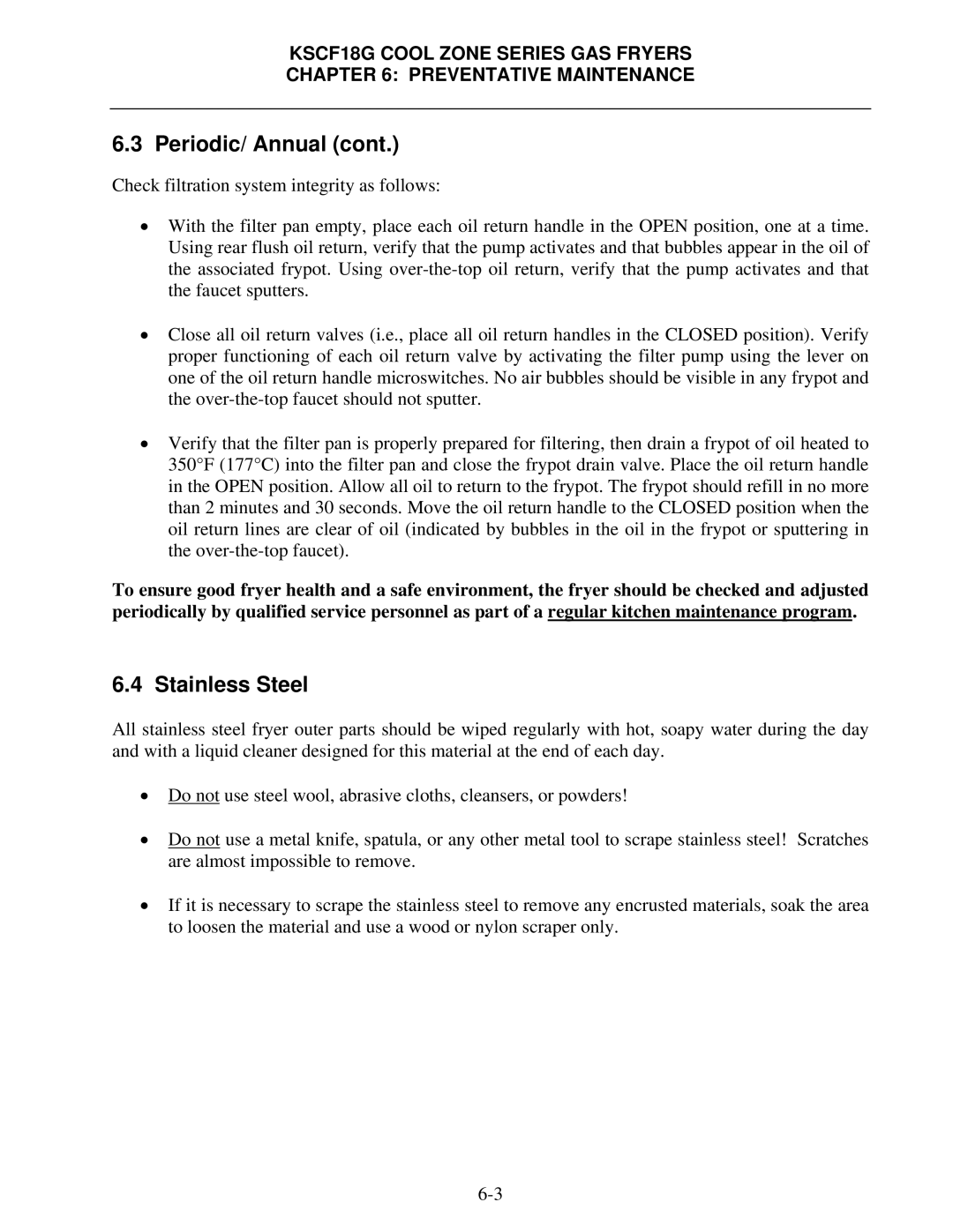 Frymaster KSCF18G manual Periodic/ Annual, Stainless Steel 