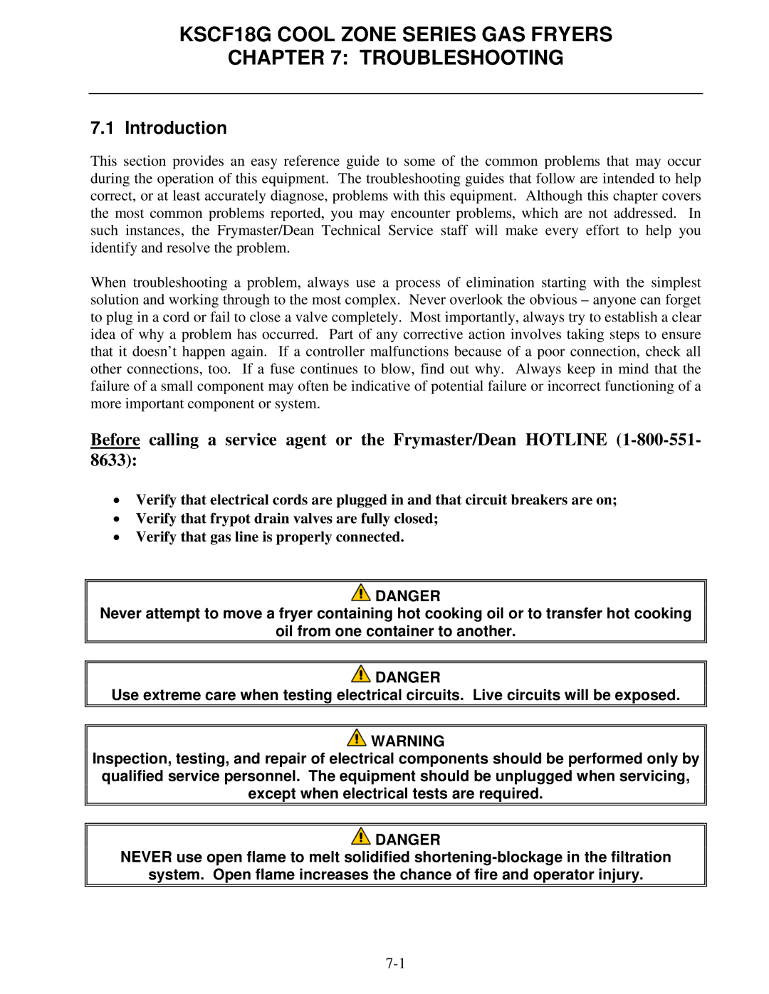 Frymaster manual KSCF18G Cool Zone Series GAS Fryers Troubleshooting, Introduction 