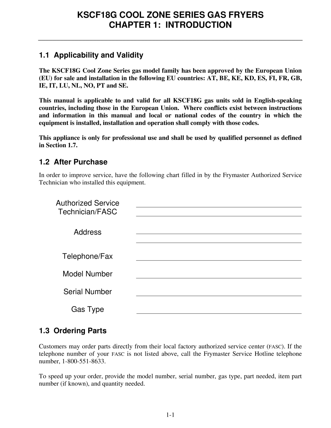 Frymaster KSCF18G manual Applicability and Validity, After Purchase, Ordering Parts 