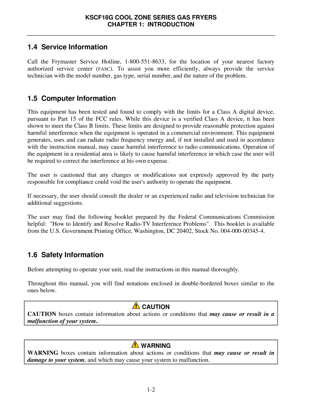 Frymaster KSCF18G manual Service Information, Computer Information, Safety Information 