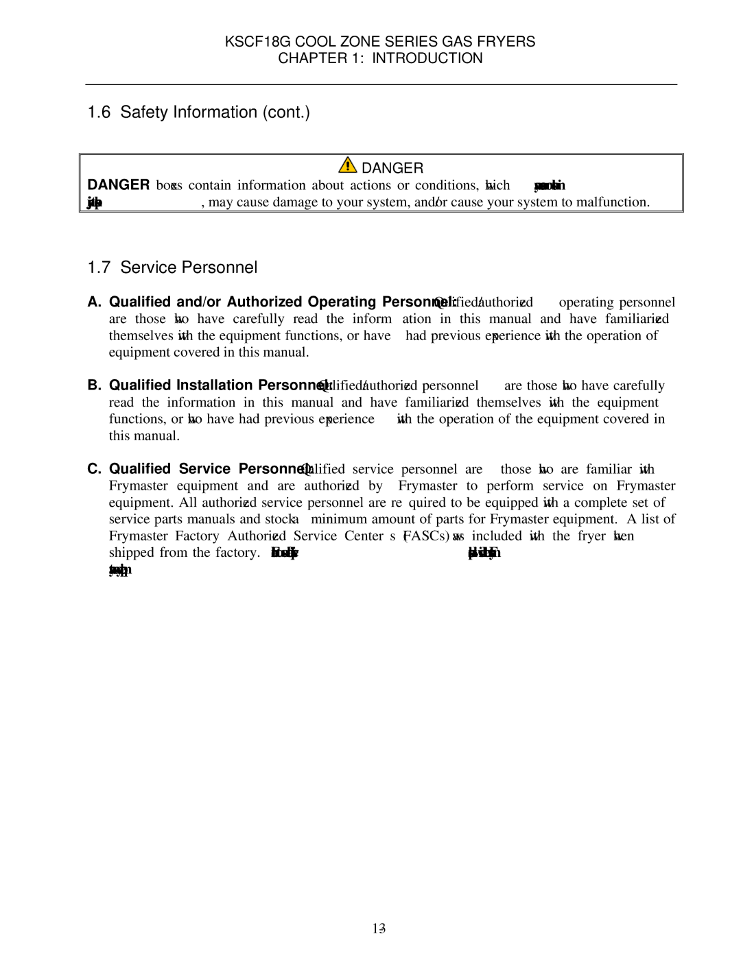 Frymaster KSCF18G manual Safety Information Service Personnel 