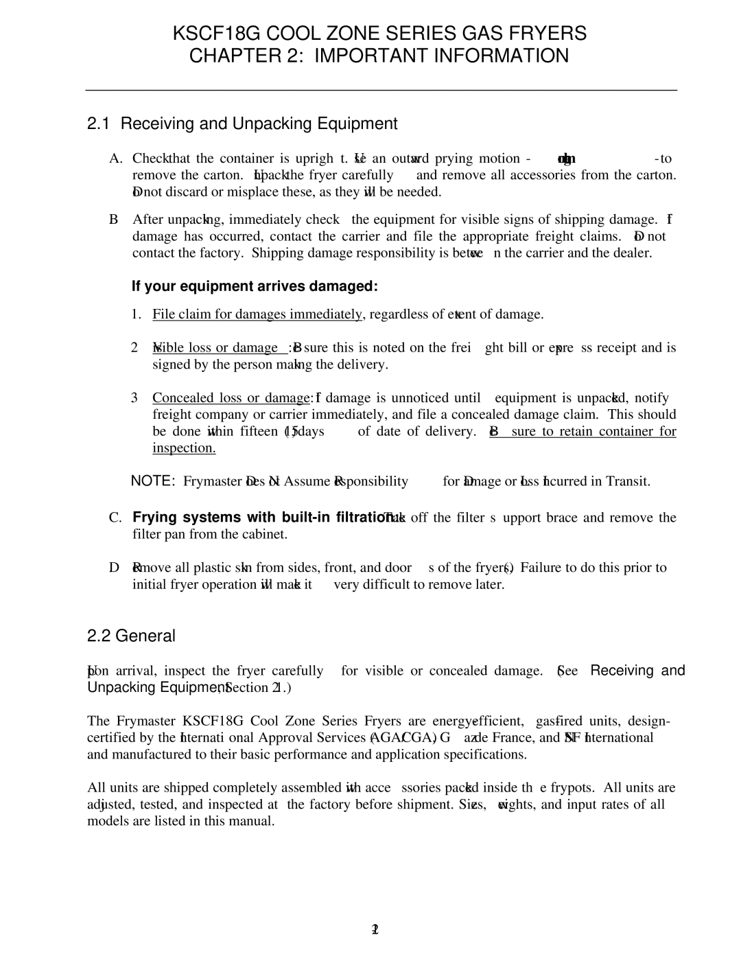 Frymaster KSCF18G manual Receiving and Unpacking Equipment, General, If your equipment arrives damaged 