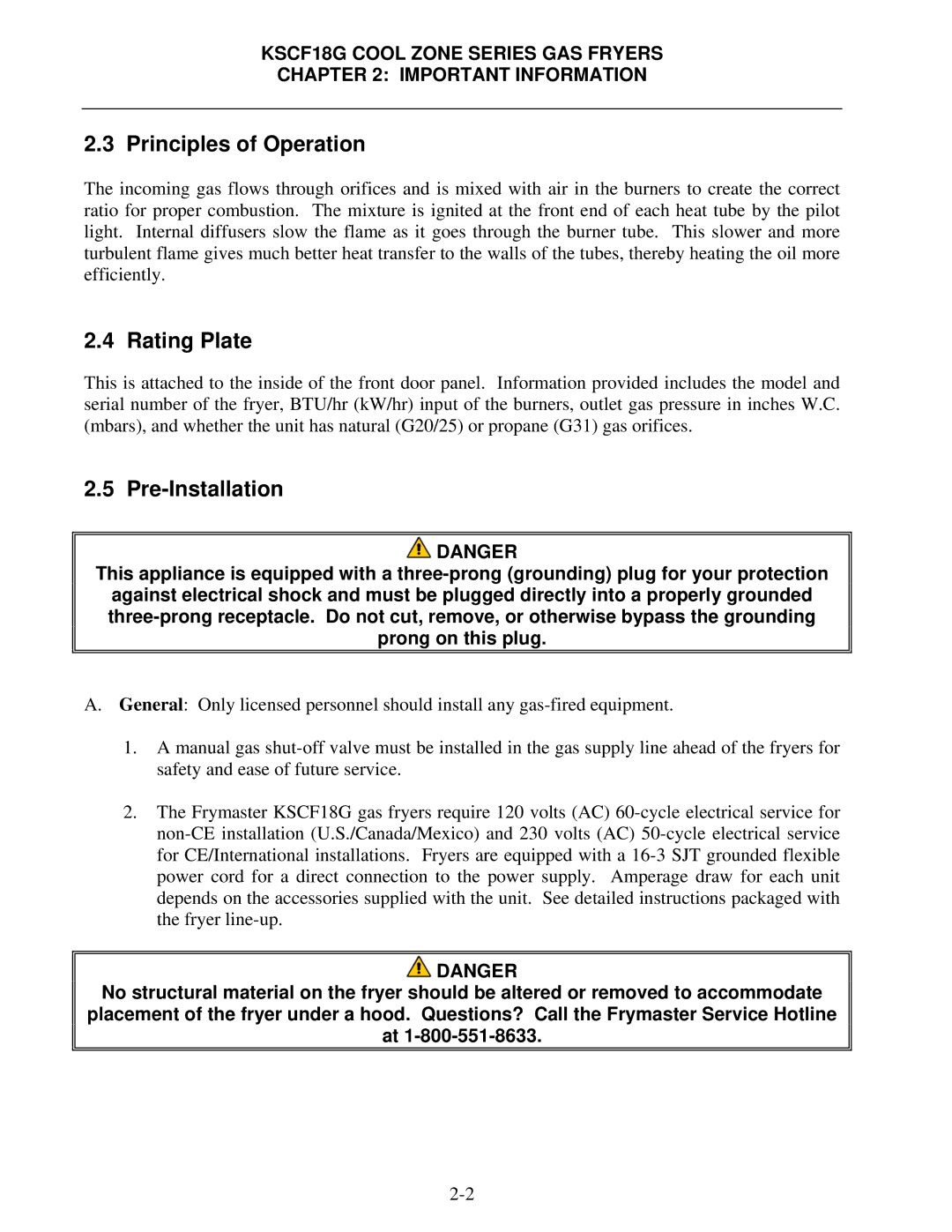 Frymaster KSCF18G manual Principles of Operation, Rating Plate, Pre-Installation 