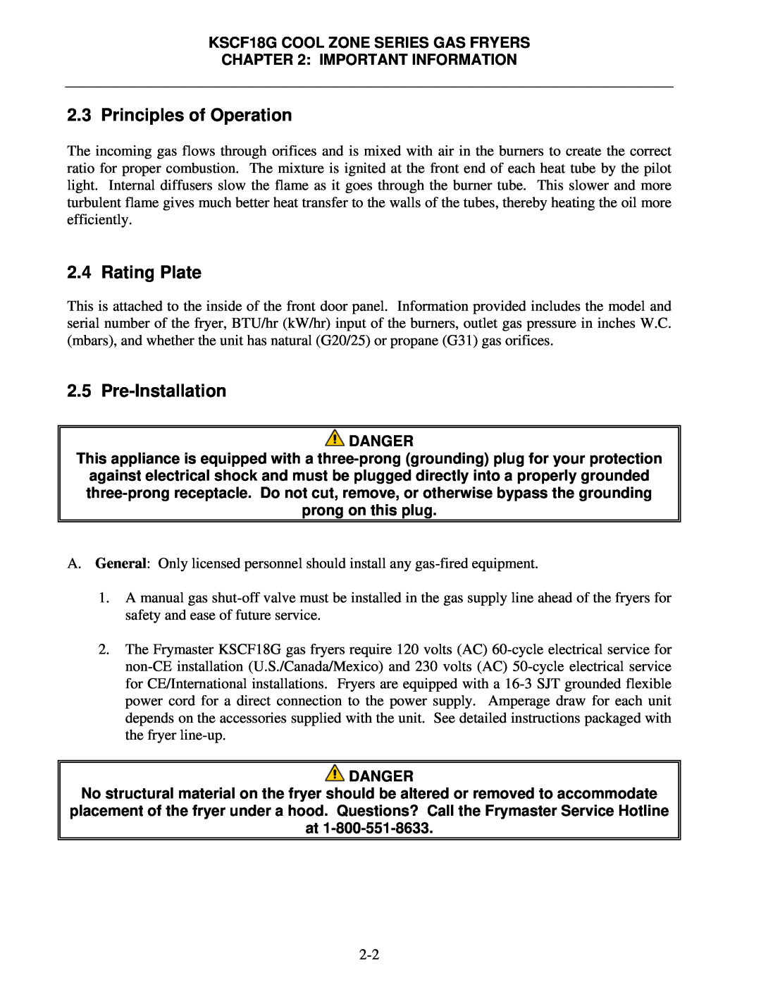 Frymaster KSCF18G manual Principles of Operation, Rating Plate, Pre-Installation, Important Information, Danger 