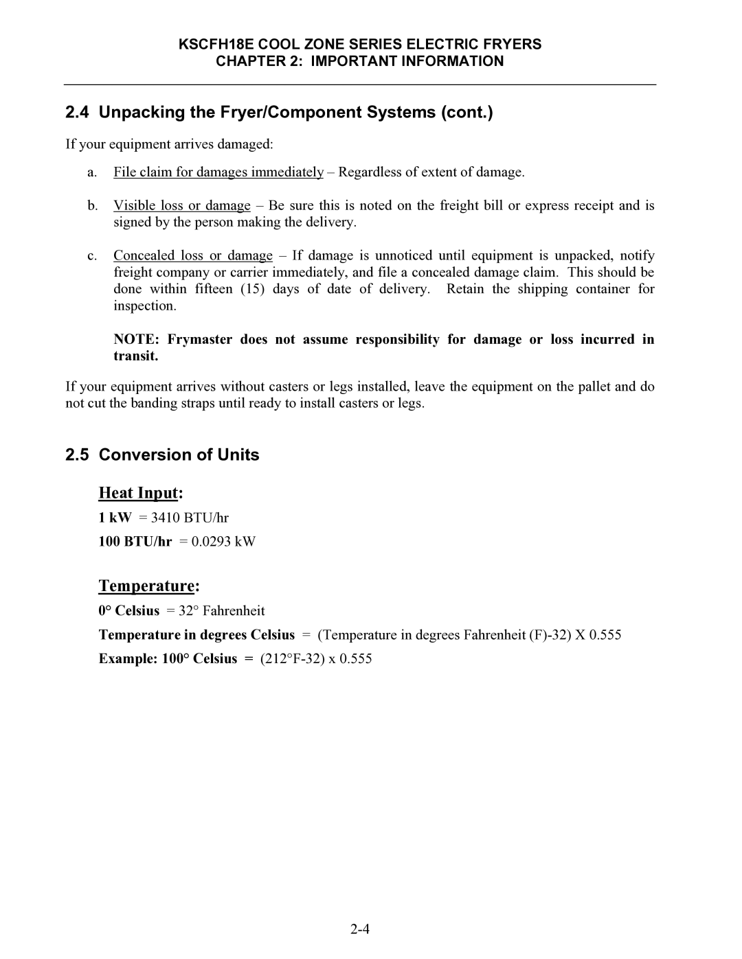 Frymaster KSCFH18E operation manual Conversion of Units, Temperature 