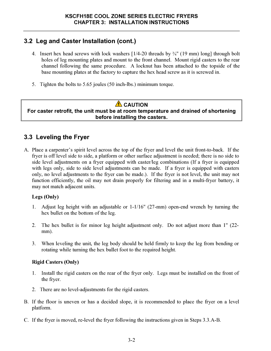 Frymaster KSCFH18E operation manual Leveling the Fryer, Legs Only 