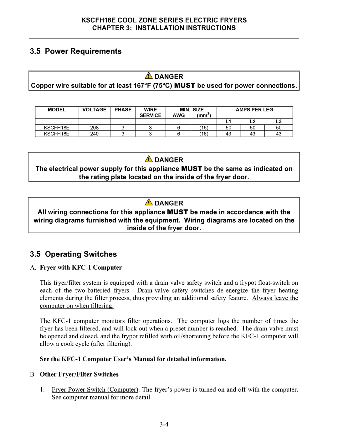 Frymaster KSCFH18E operation manual Power Requirements, Operating Switches 