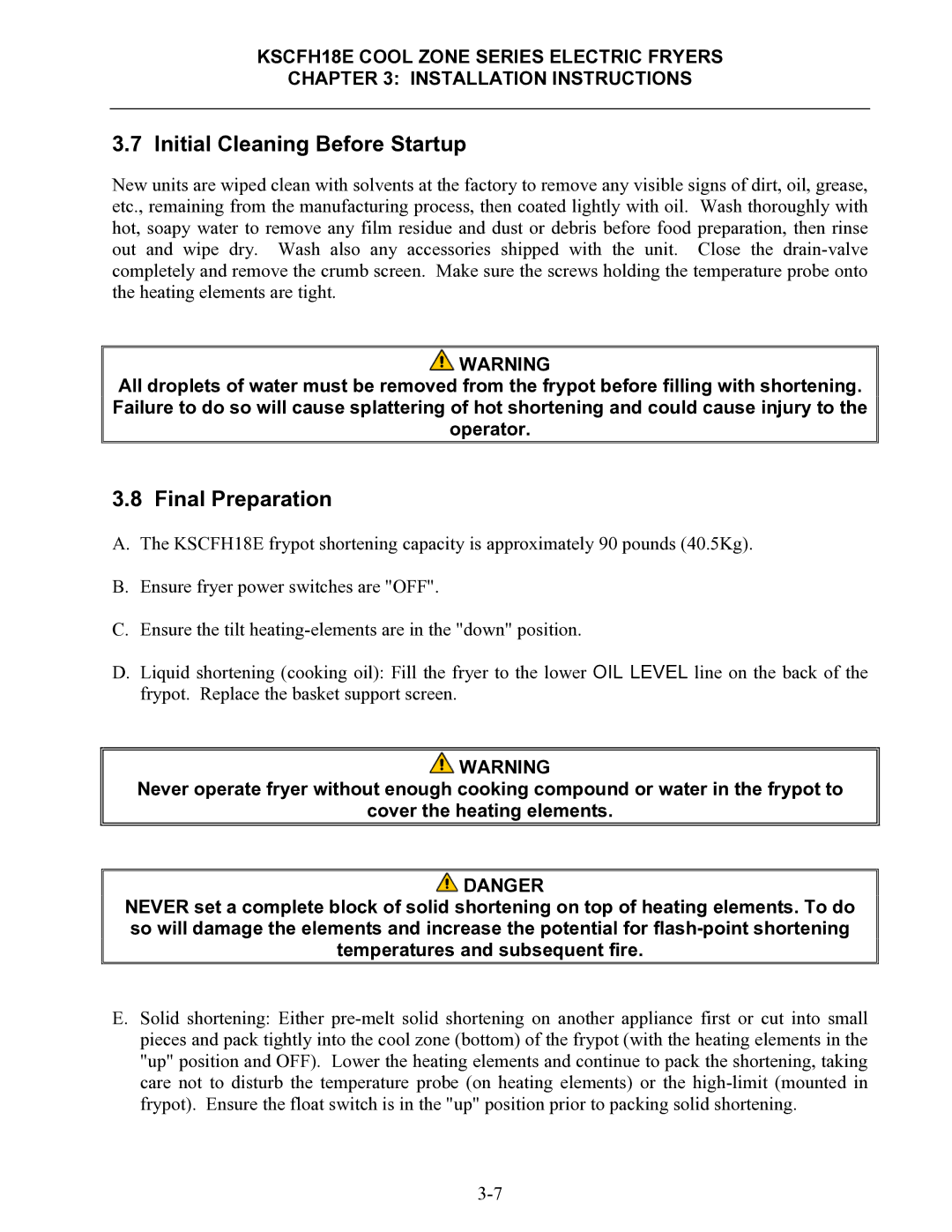 Frymaster KSCFH18E operation manual Initial Cleaning Before Startup, Final Preparation 