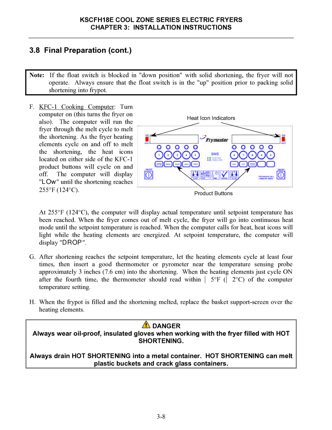 Frymaster KSCFH18E operation manual Shortening 