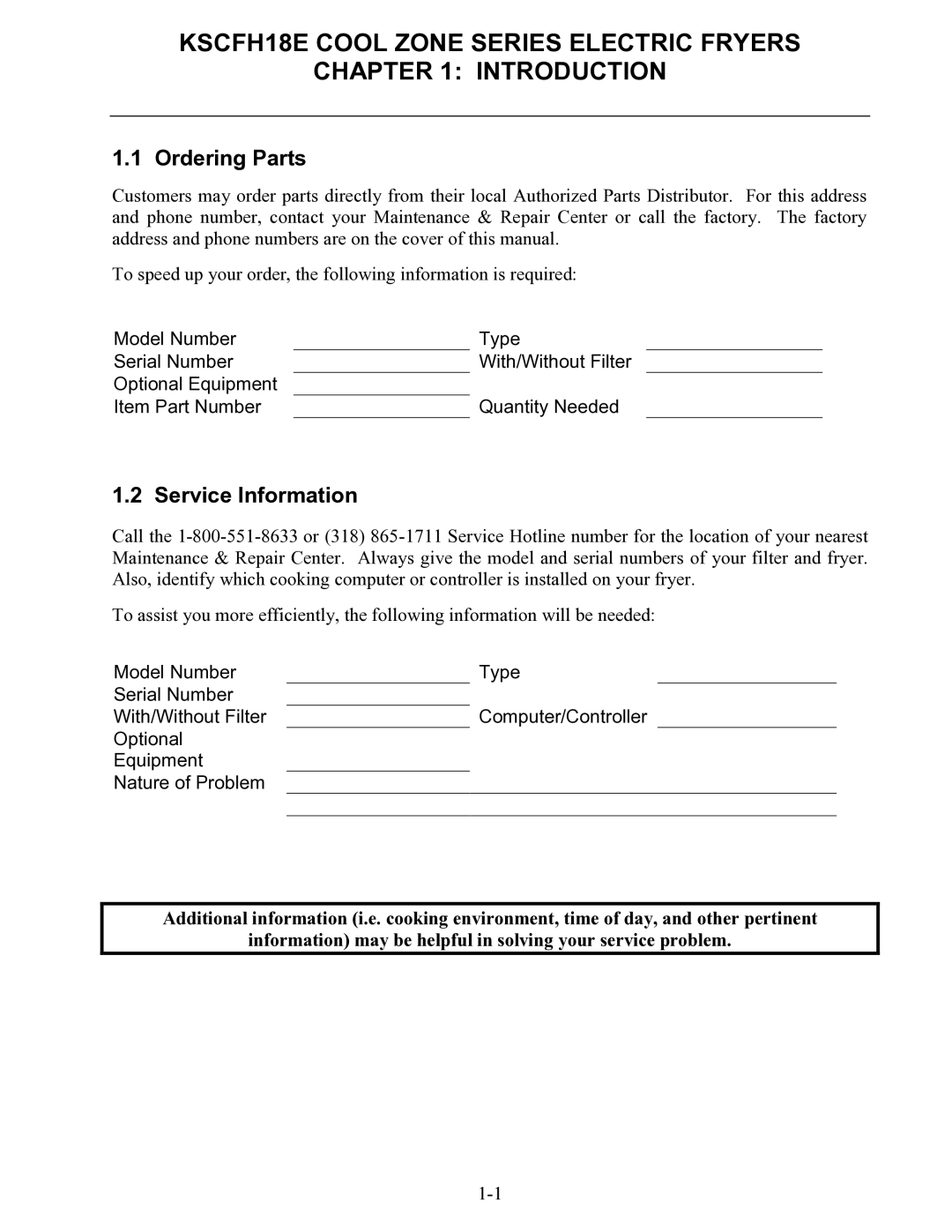 Frymaster KSCFH18E operation manual Ordering Parts, Service Information 