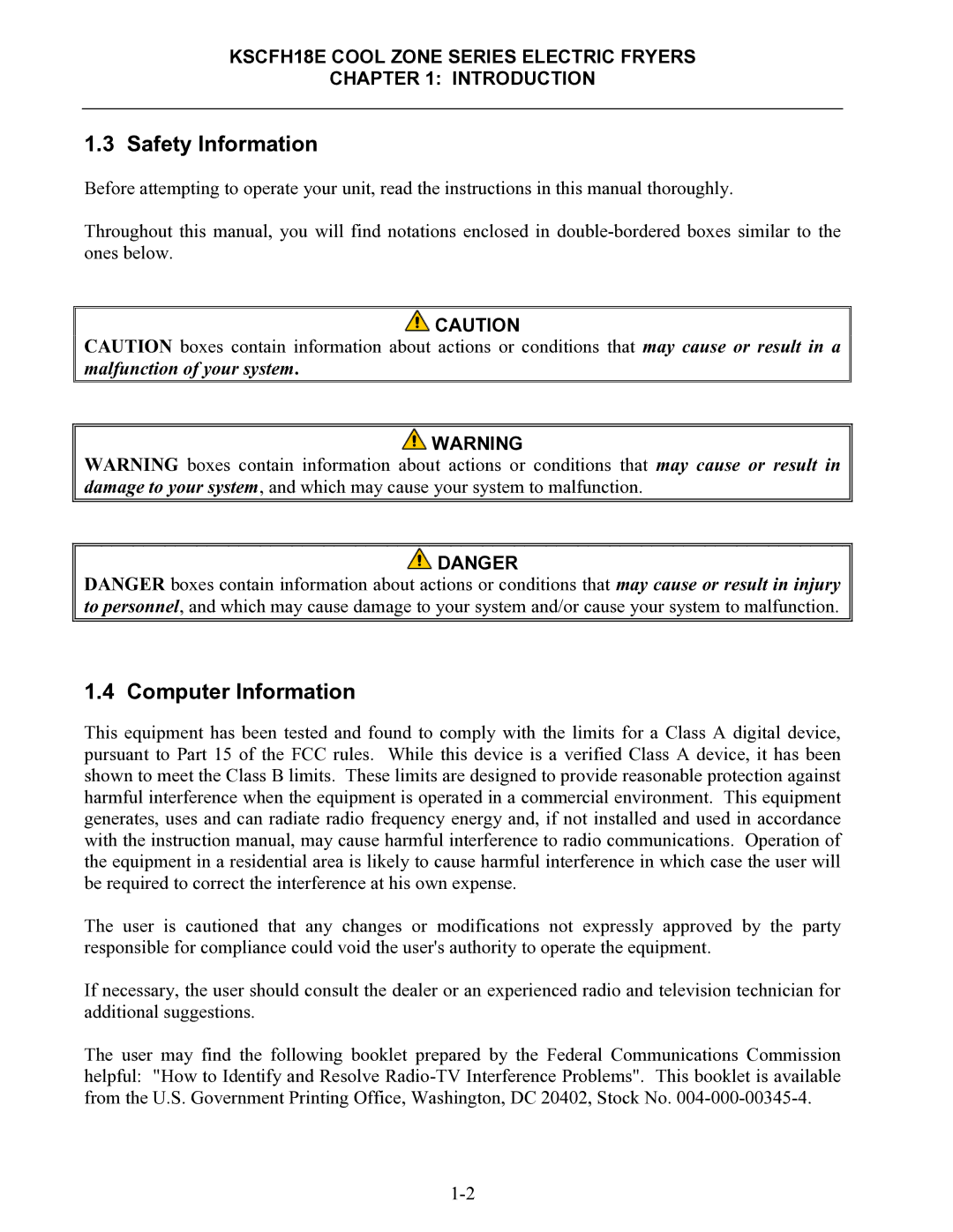 Frymaster KSCFH18E operation manual Safety Information, Computer Information 