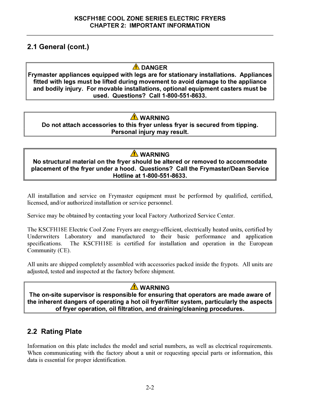 Frymaster KSCFH18E operation manual Rating Plate 