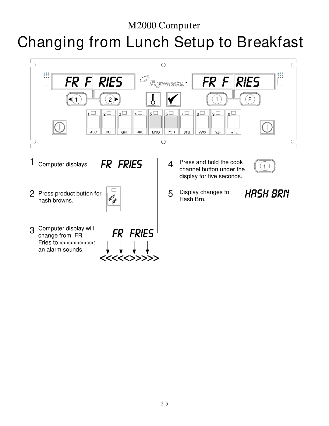 Frymaster M2000 operation manual Changing from Lunch Setup to Breakfast Fr F ries 