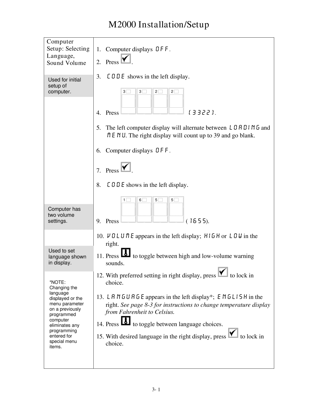 Frymaster operation manual M2000 Installation/Setup, Computer Setup Selecting Language Sound Volume 