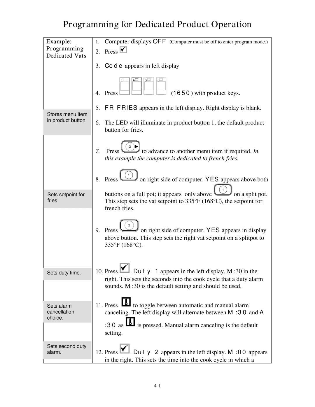 Frymaster M2000 operation manual Programming for Dedicated Product Operation, Example Programming Dedicated Vats 