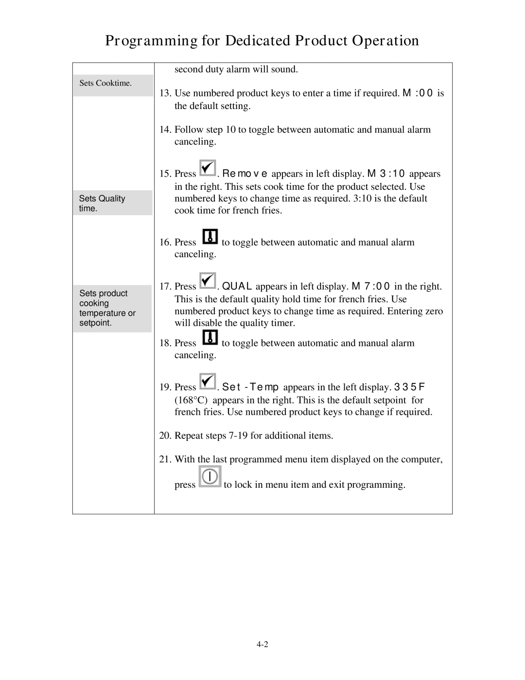 Frymaster M2000 operation manual Sets Cooktime 