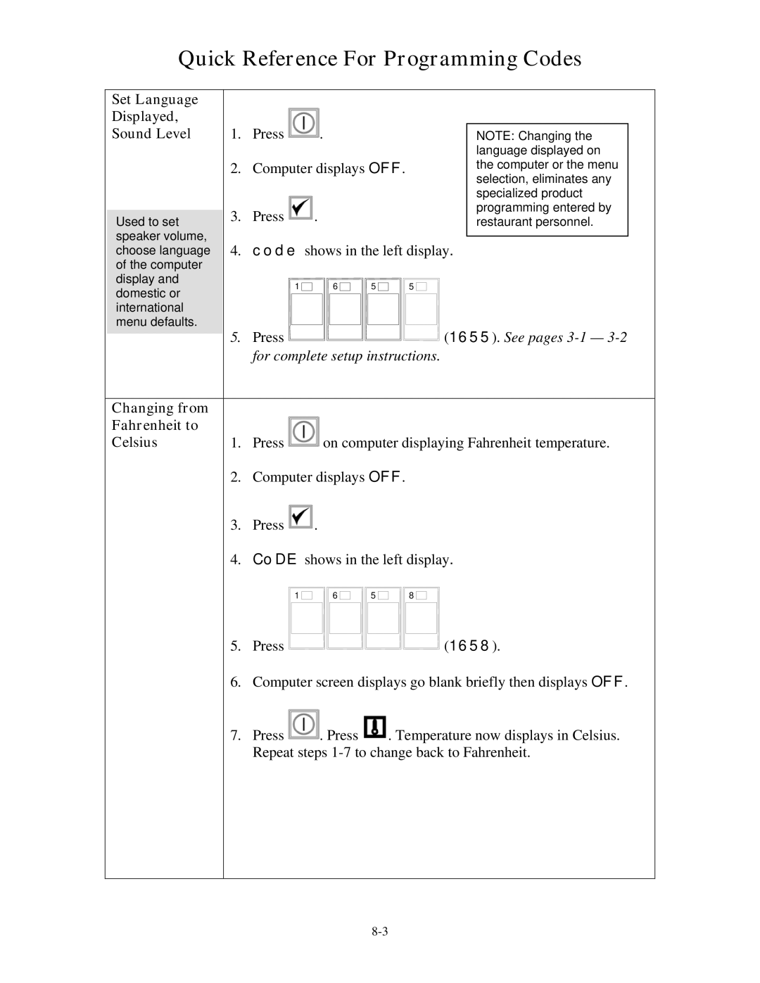 Frymaster M2000 operation manual Set Language Displayed Sound Level, Changing from Fahrenheit to Celsius 