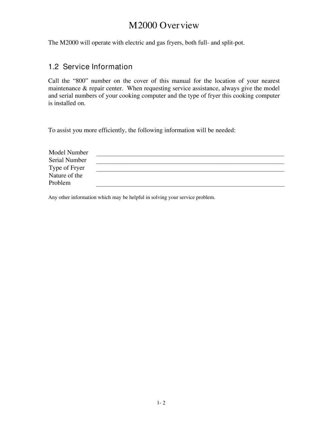 Frymaster M2000 operation manual Service Information 