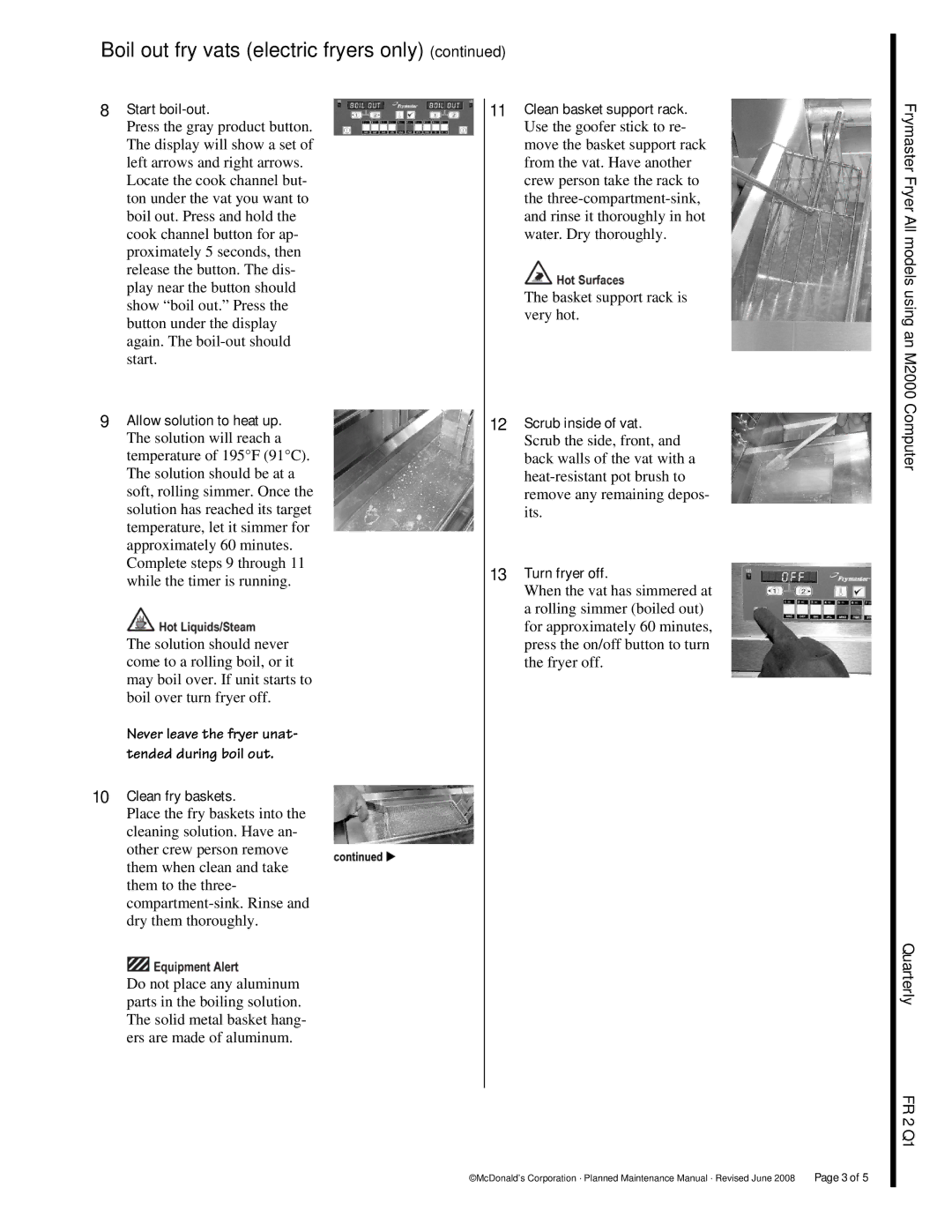 Frymaster M2000 manual Start boil-out, Allow solution to heat up, Clean fry baskets, Clean basket support rack 