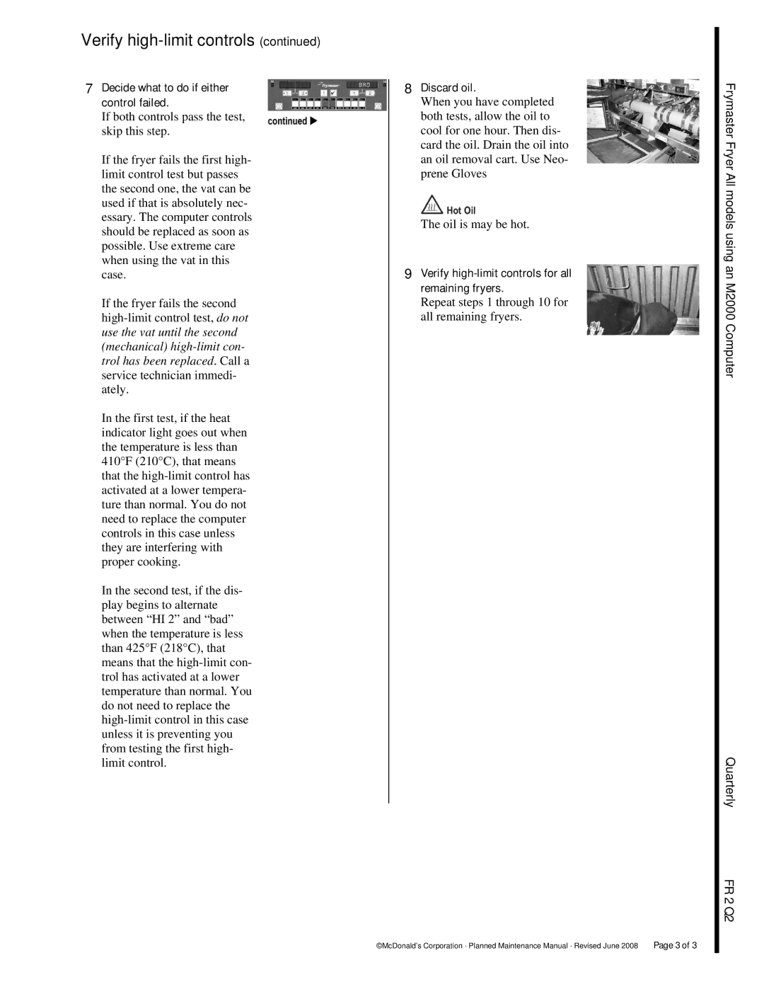 Frymaster M2000 manual Decide what to do if either control failed, Discard oil 