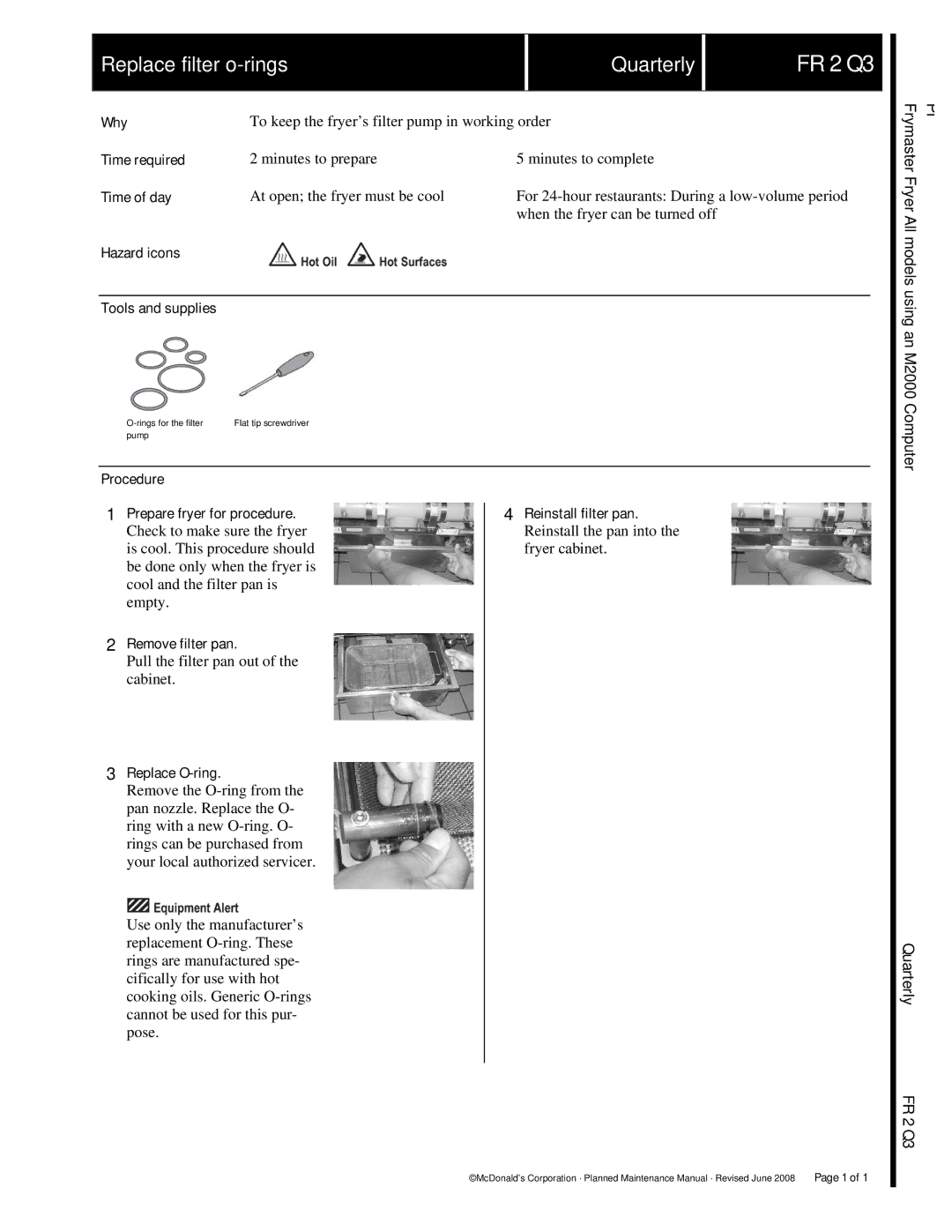 Frymaster M2000 manual FR 2 Q3, Procedure Prepare fryer for procedure, Replace O-ring, Reinstall filter pan 