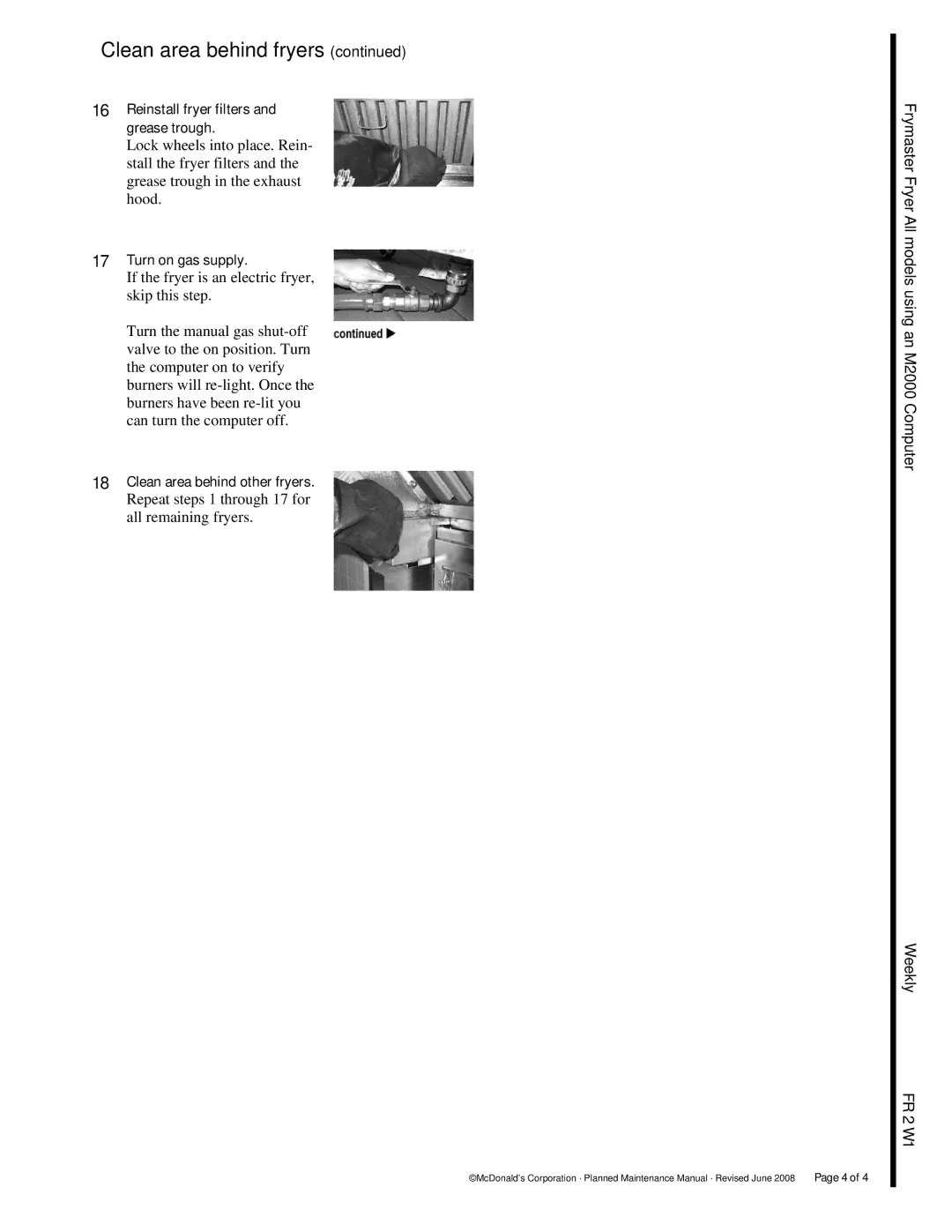 Frymaster M2000 manual Reinstall fryer filters and grease trough, Turn on gas supply, Clean area behind other fryers 