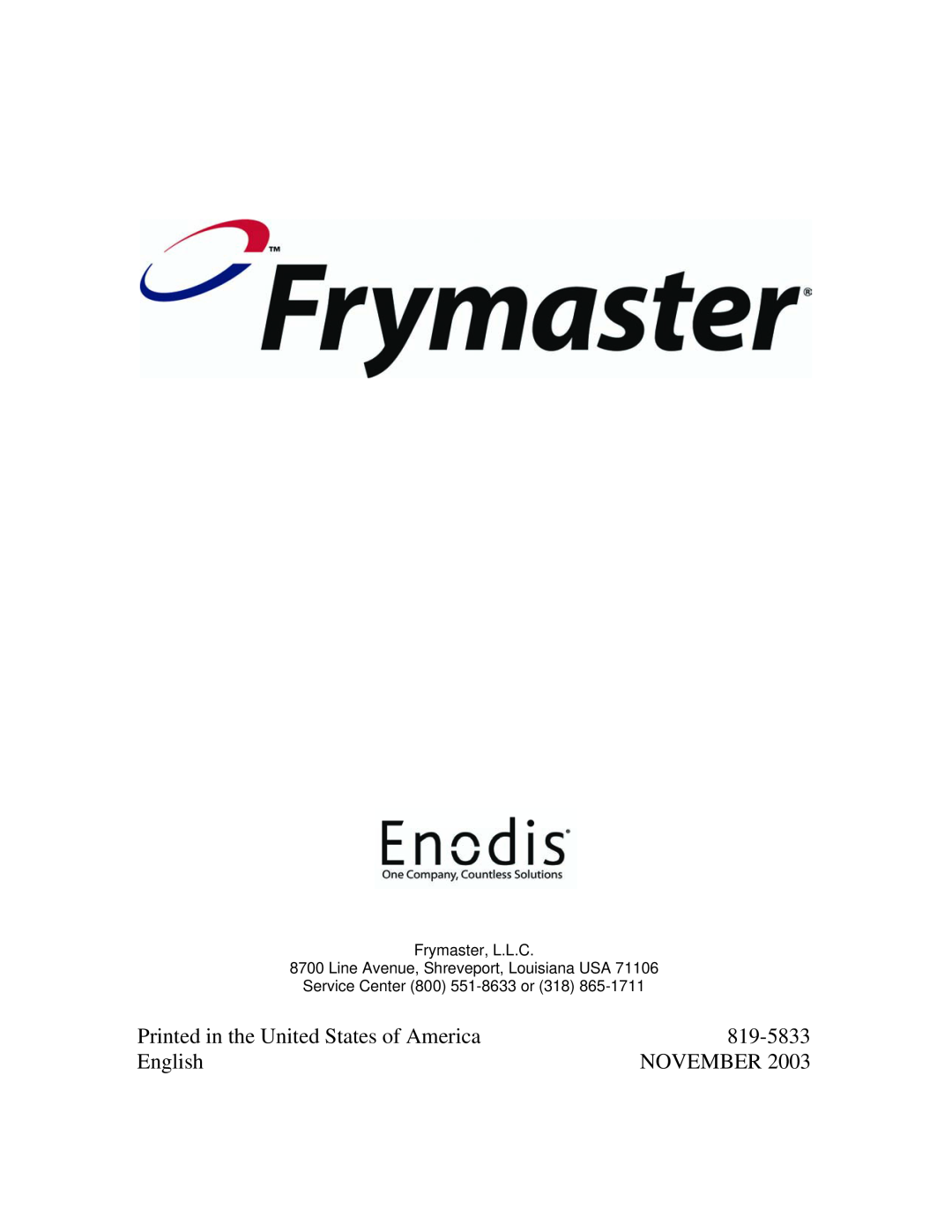 Frymaster M2000 operation manual 819-5833, English, November, Frymaster, L.L.C 