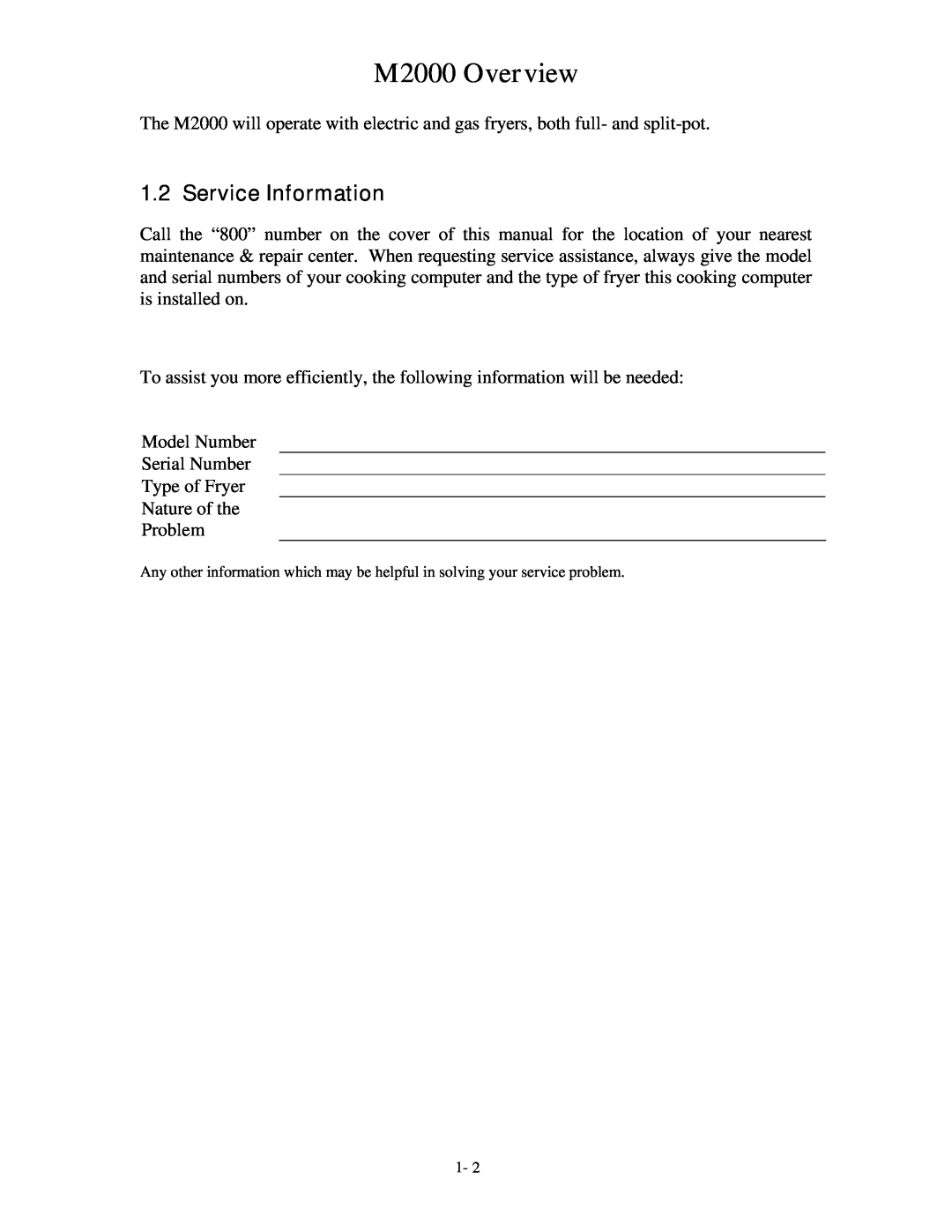 Frymaster operation manual Service Information, M2000 Overview 