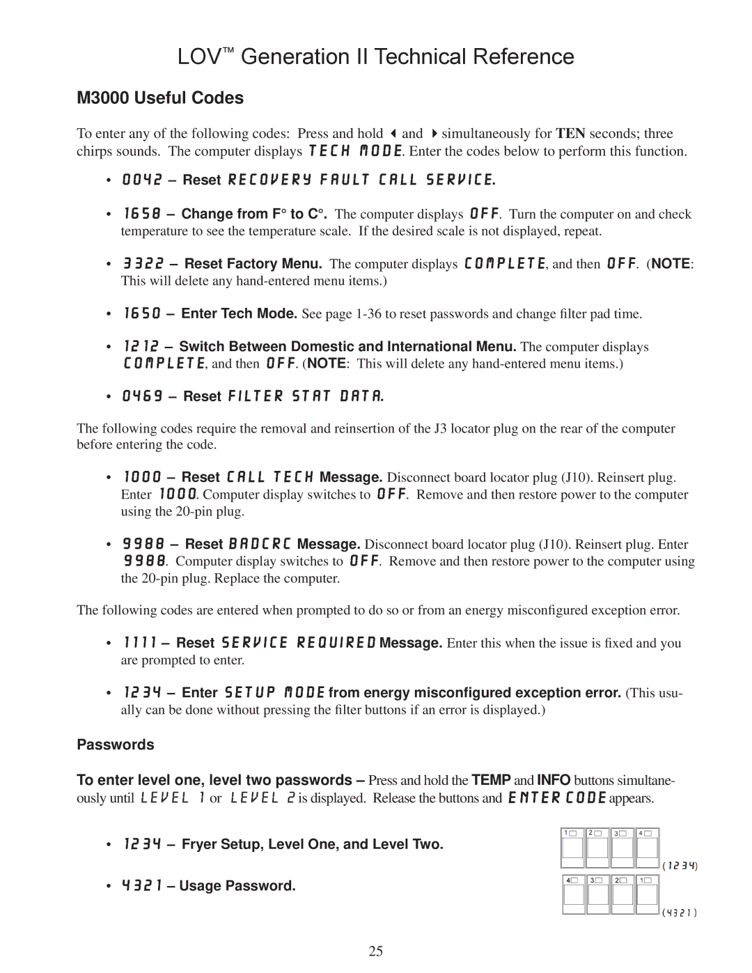 Frymaster manual M3000 Useful Codes, Reset Recovery Fault Call Service 