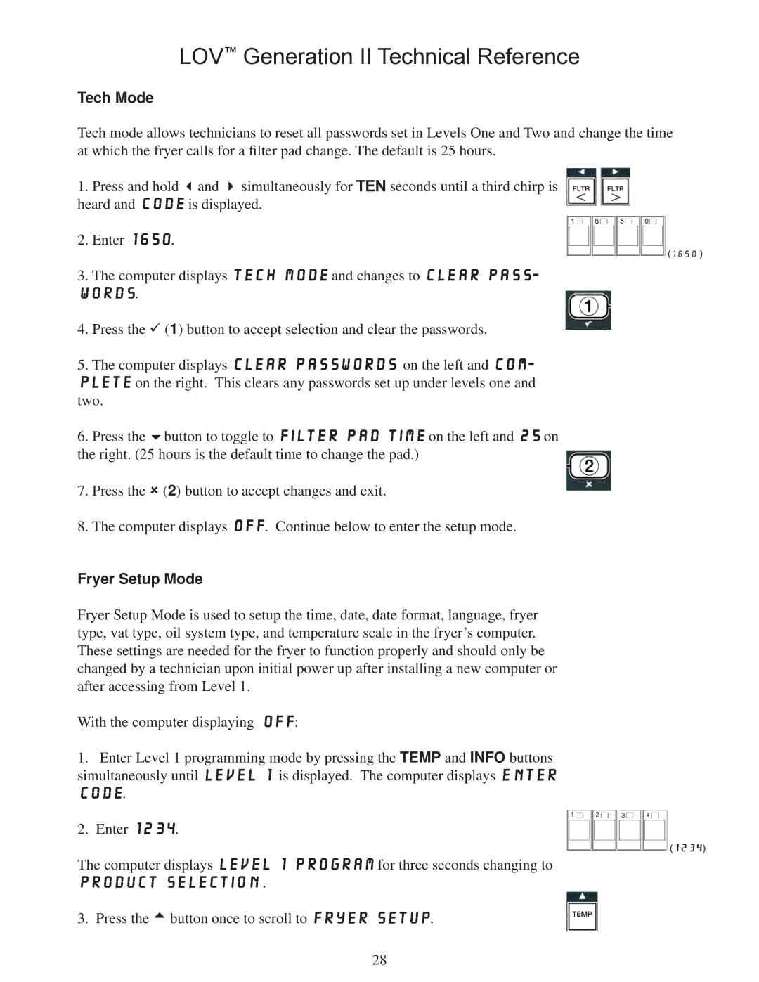 Frymaster M3000 manual Tech Mode, Fryer Setup Mode 