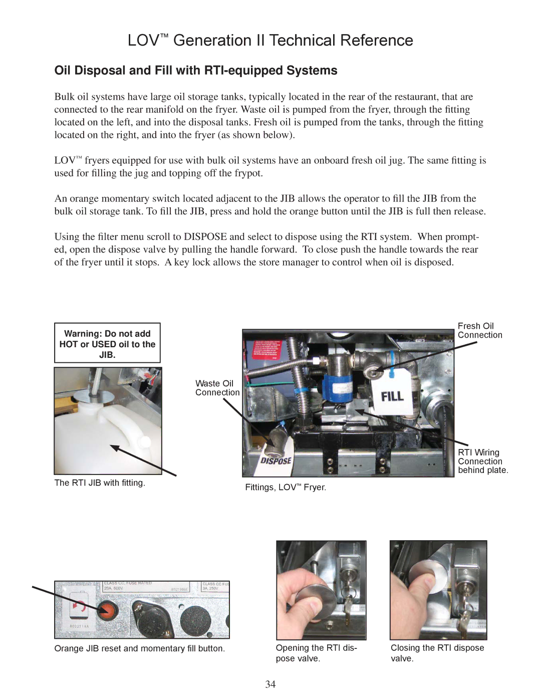 Frymaster M3000 manual Oil Disposal and Fill with RTI-equipped Systems, HOT or Used oil to, Jib 