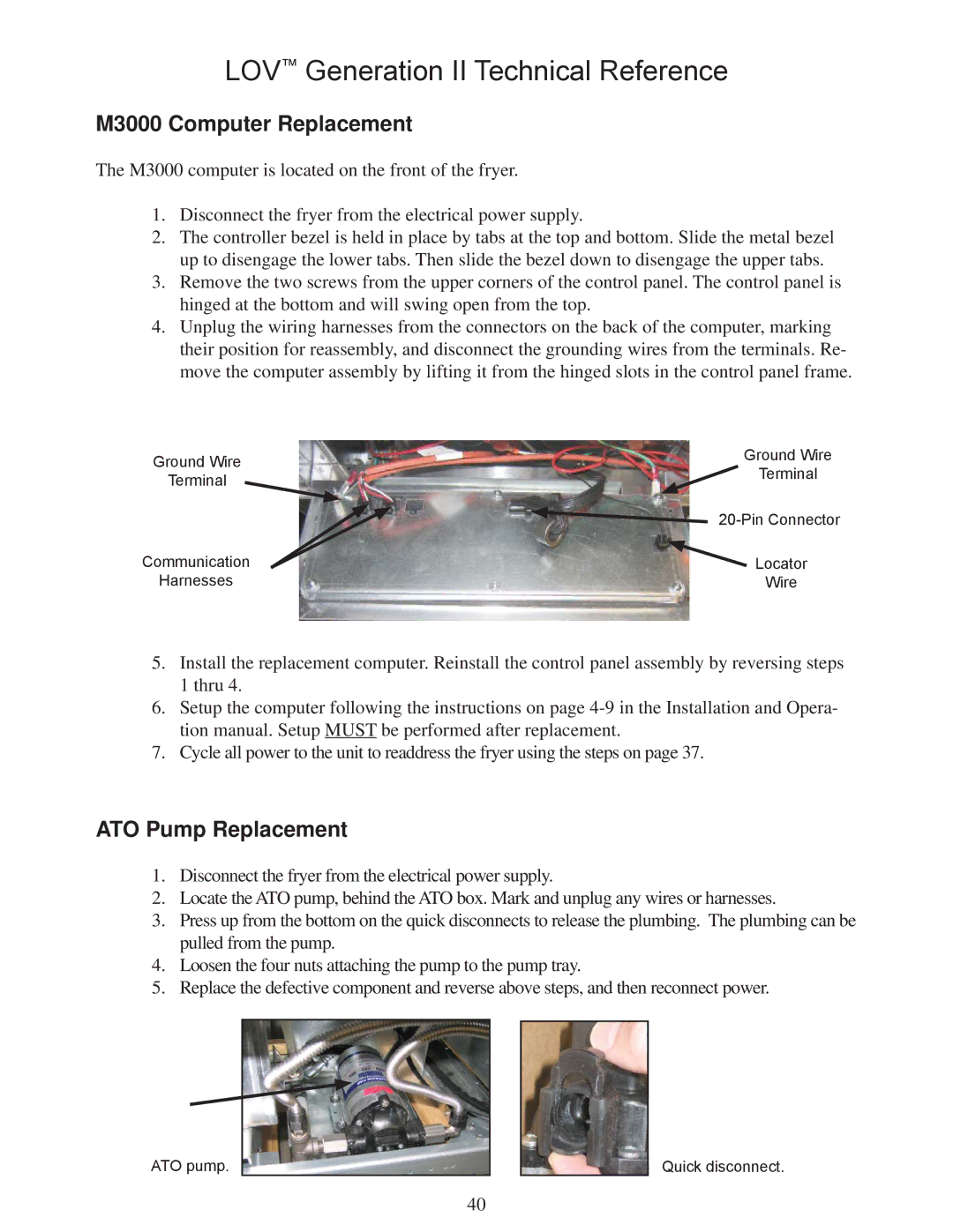 Frymaster manual M3000 Computer Replacement, ATO Pump Replacement 