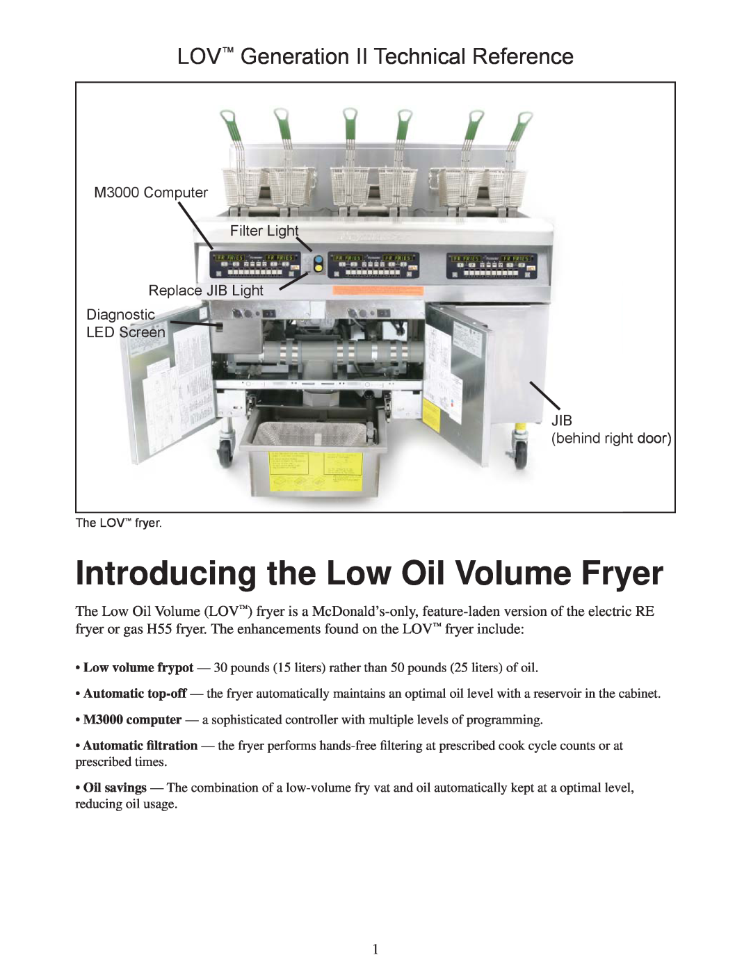 Frymaster M3000 manual Introducing the Low Oil Volume Fryer, LOV Generation II Technical Reference 