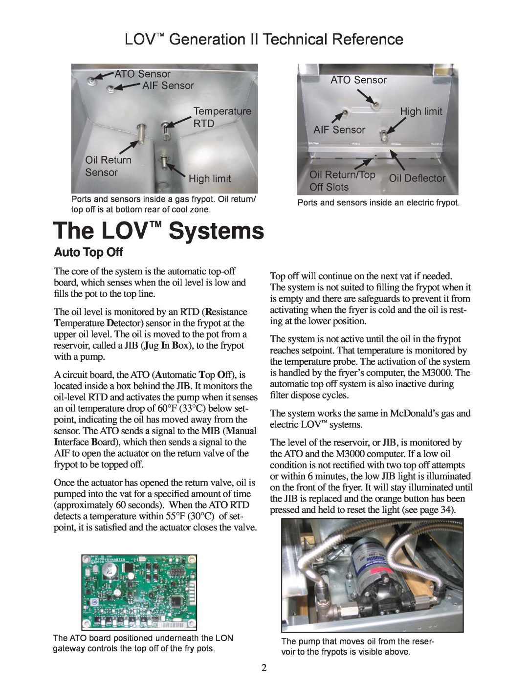 Frymaster M3000 manual The LOV Systems, Auto Top Off, LOV Generation II Technical Reference 