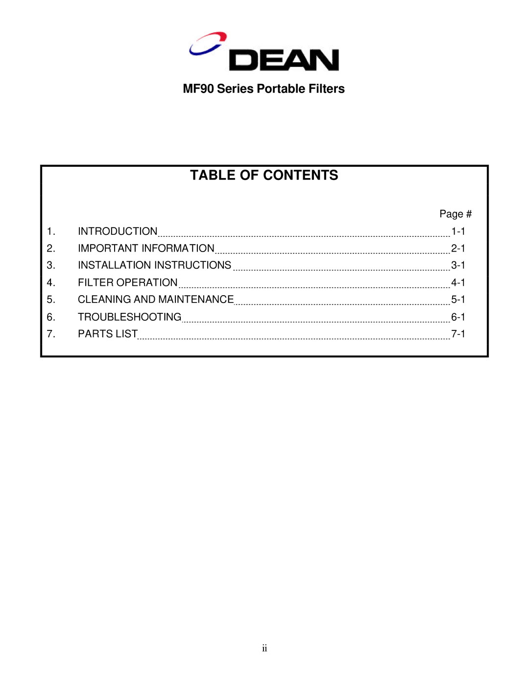 Frymaster MF90 Series manual Table of Contents 