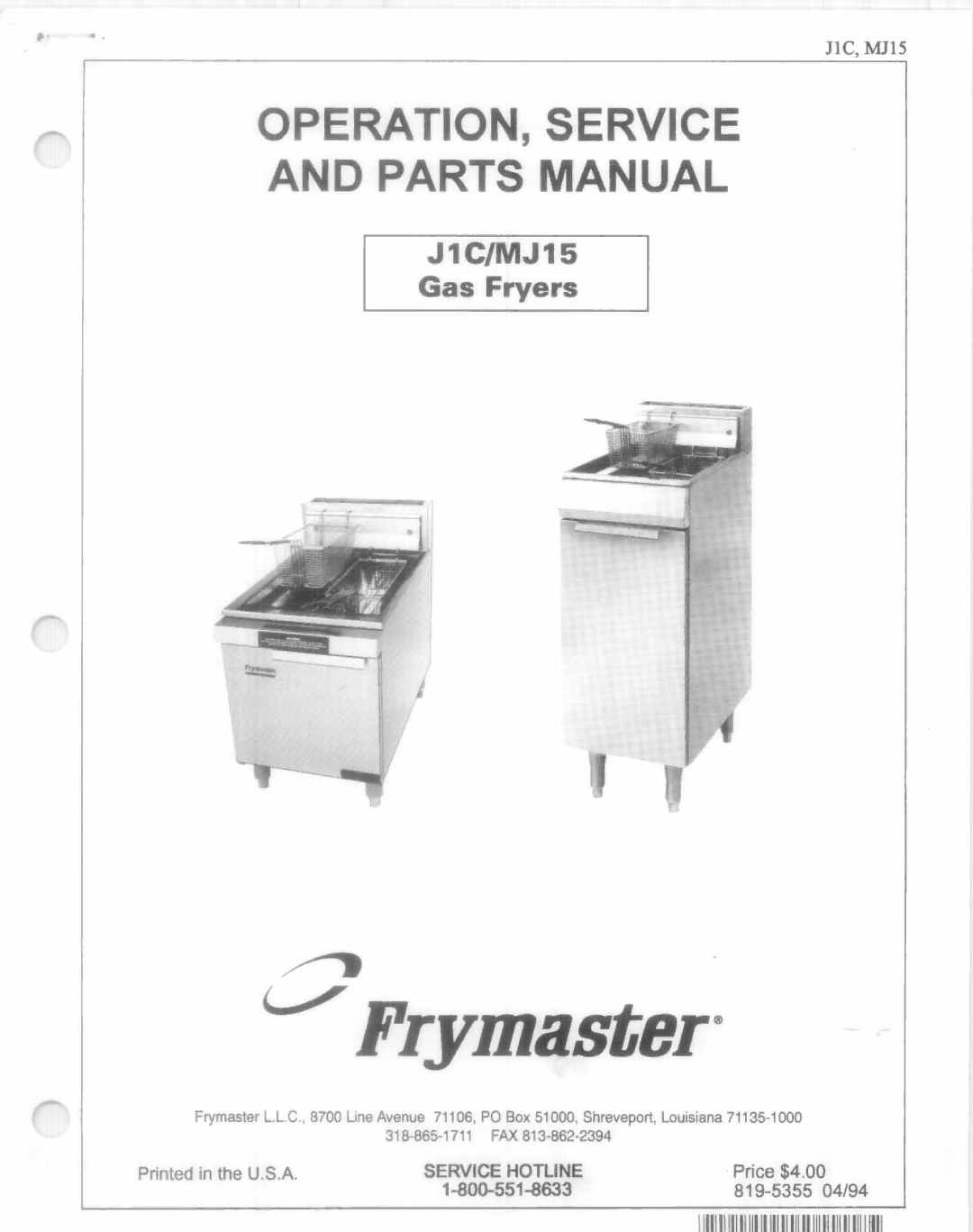 Frymaster J1C, MJ15 manual 