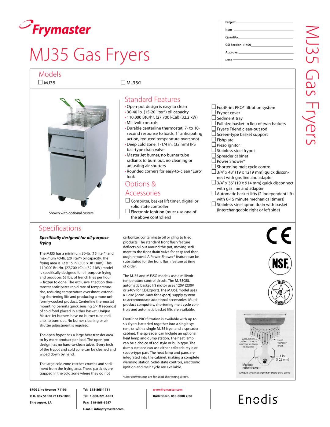 Frymaster MJ35G specifications MJ35 Gas Fryers, Standard Features, Options, Accessories 