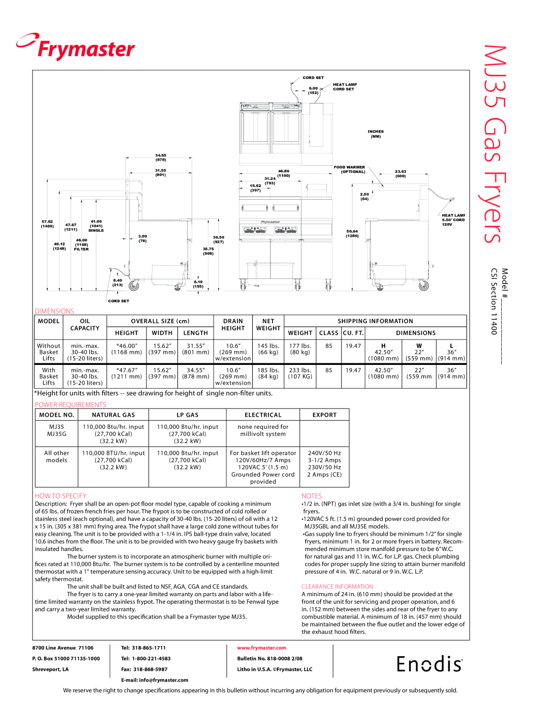 Frymaster MJ35G specifications Dimensions, Power requirements, How to specify 