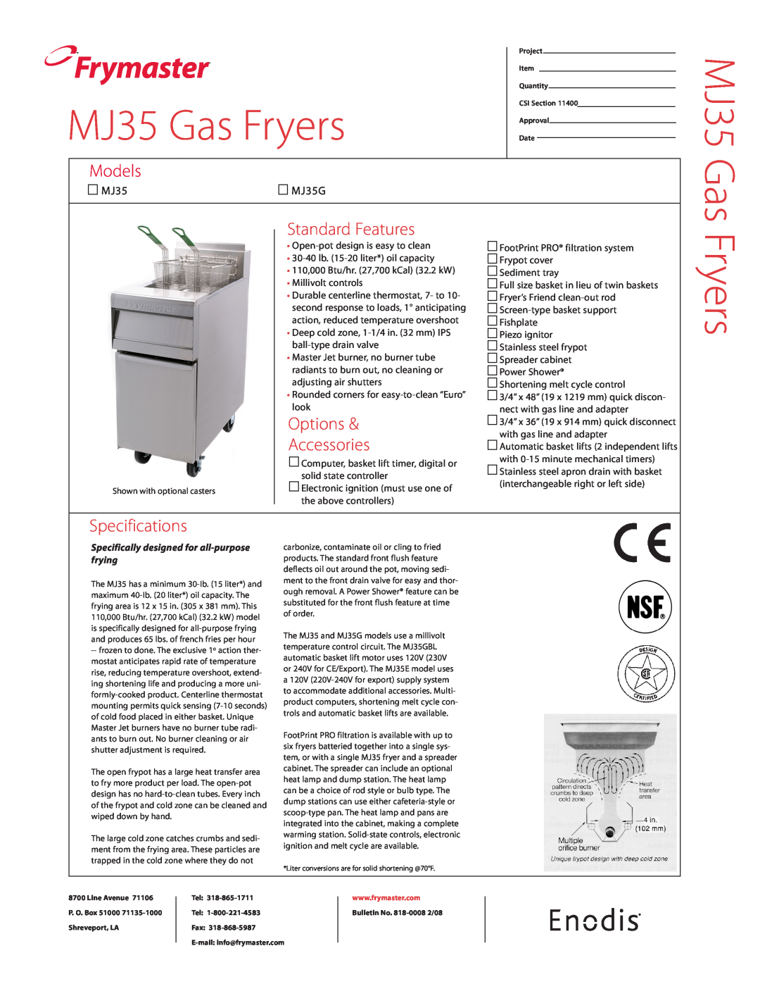 Frymaster MJ35G specifications MJ35 Gas Fryers, Frymaster, Models, Standard Features, Options, Accessories, Specifications 