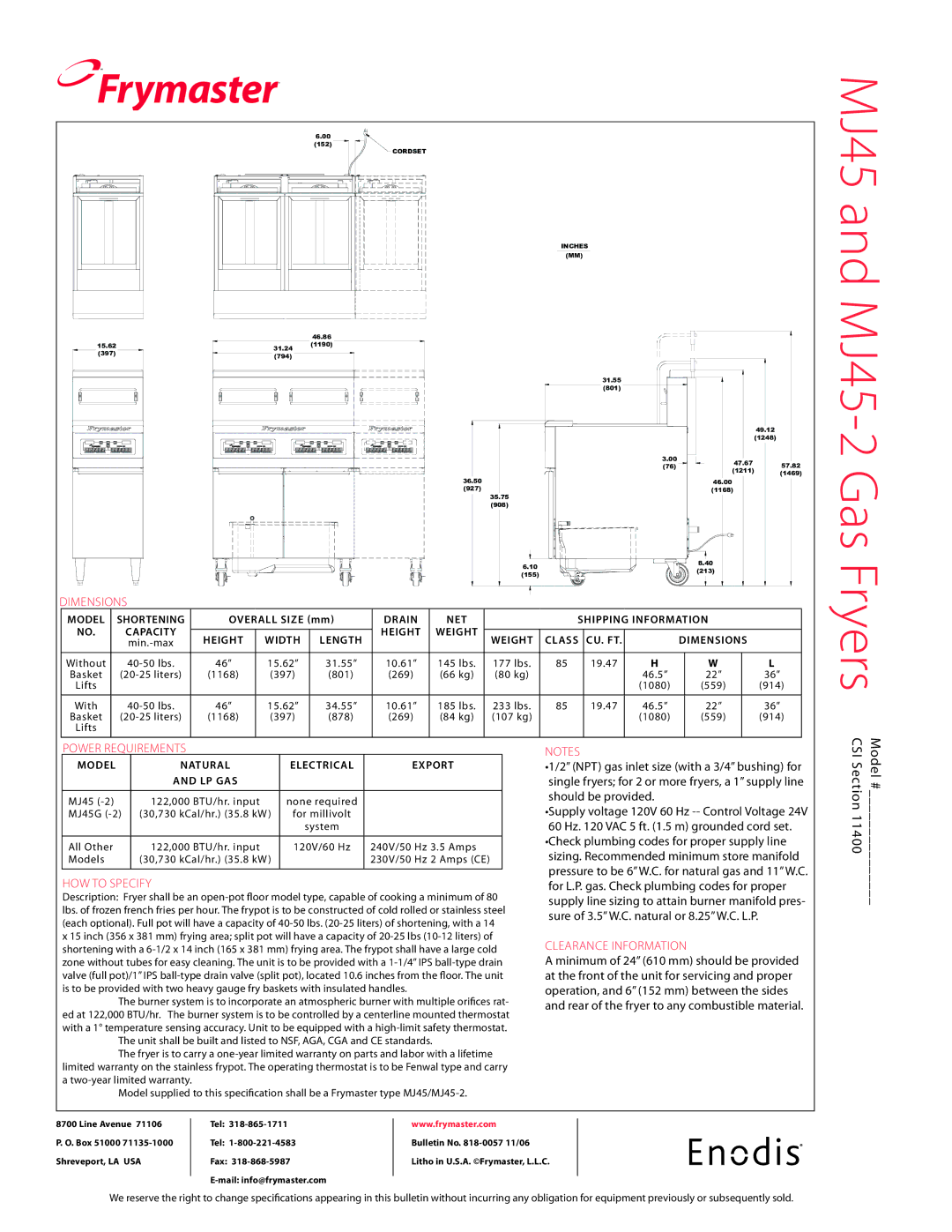 Frymaster MJ45-2 specifications Dimensions, Power requirements, How to specify 