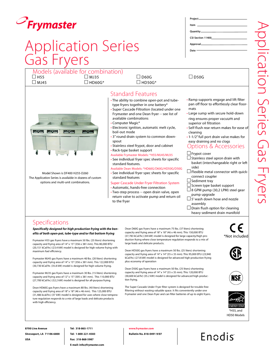 Frymaster MJ35, MJ45, HD60G, D50G specifications Series Gas Fryers, Standard Features, Options & Accessories, Specifications 