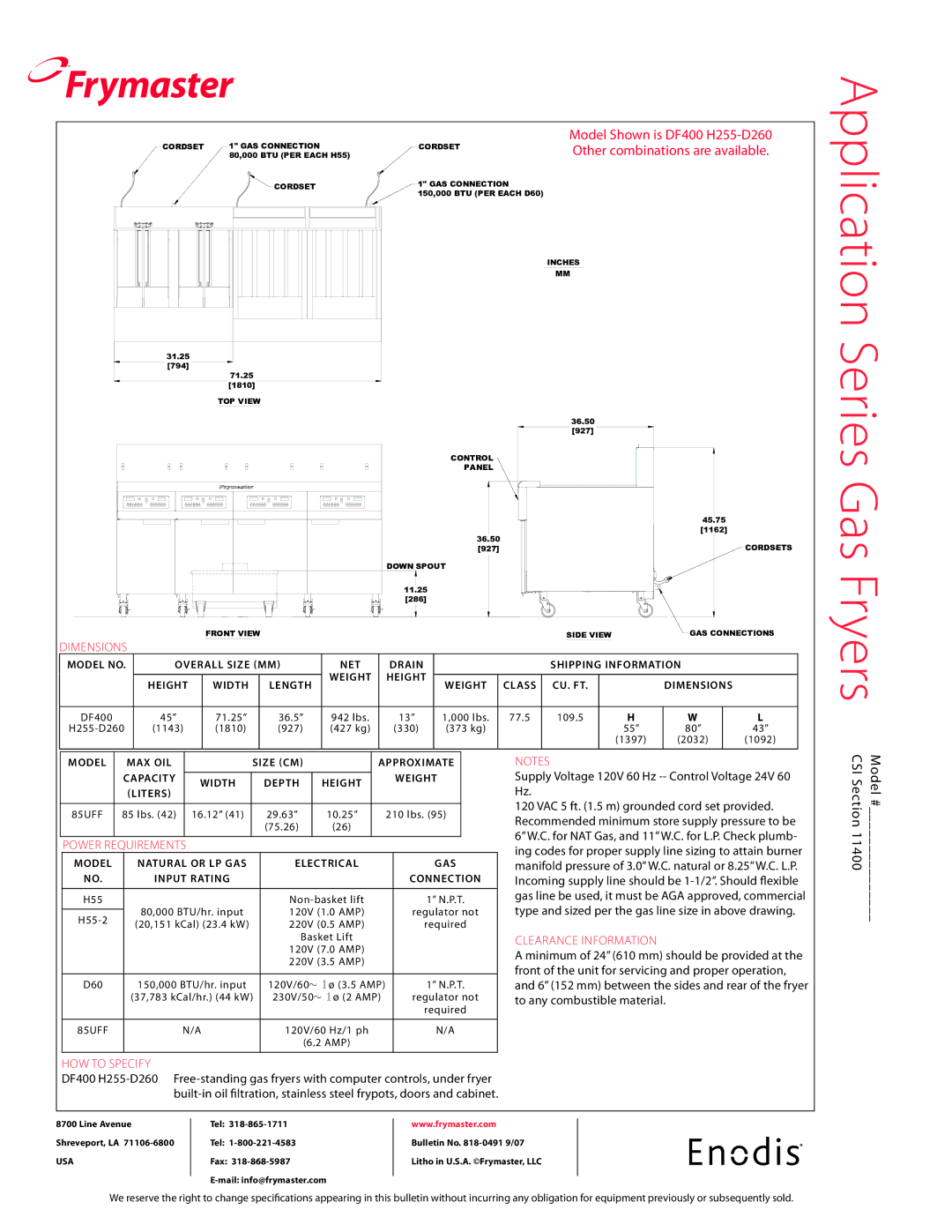 Frymaster HD60G, MJ45, MJ35, HD50G Application Series Gas Fryers, Dimensions, Power requirements, How to specify 