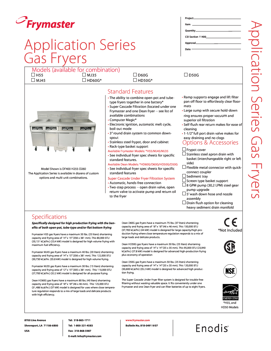 Frymaster MJ35 specifications Series Gas Fryers, Frymaster, Super Cascade Under Fryer Filtration System, Application, D60G 